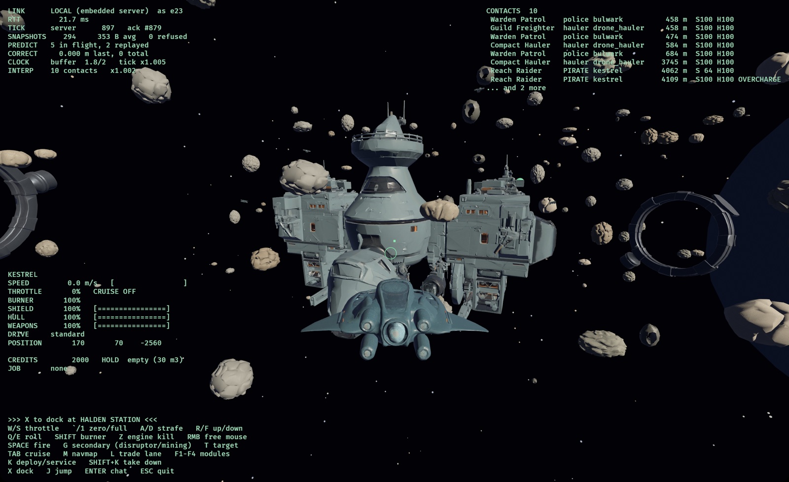 A Kestrel fighter a few hundred metres off Halden Station, trade lane rings to either side, the prompt to dock on the HUD.