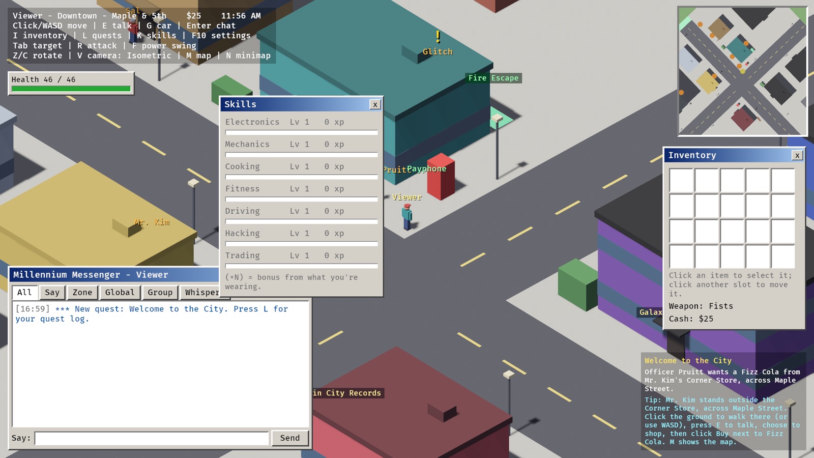 Inventory window, map and quest tracker