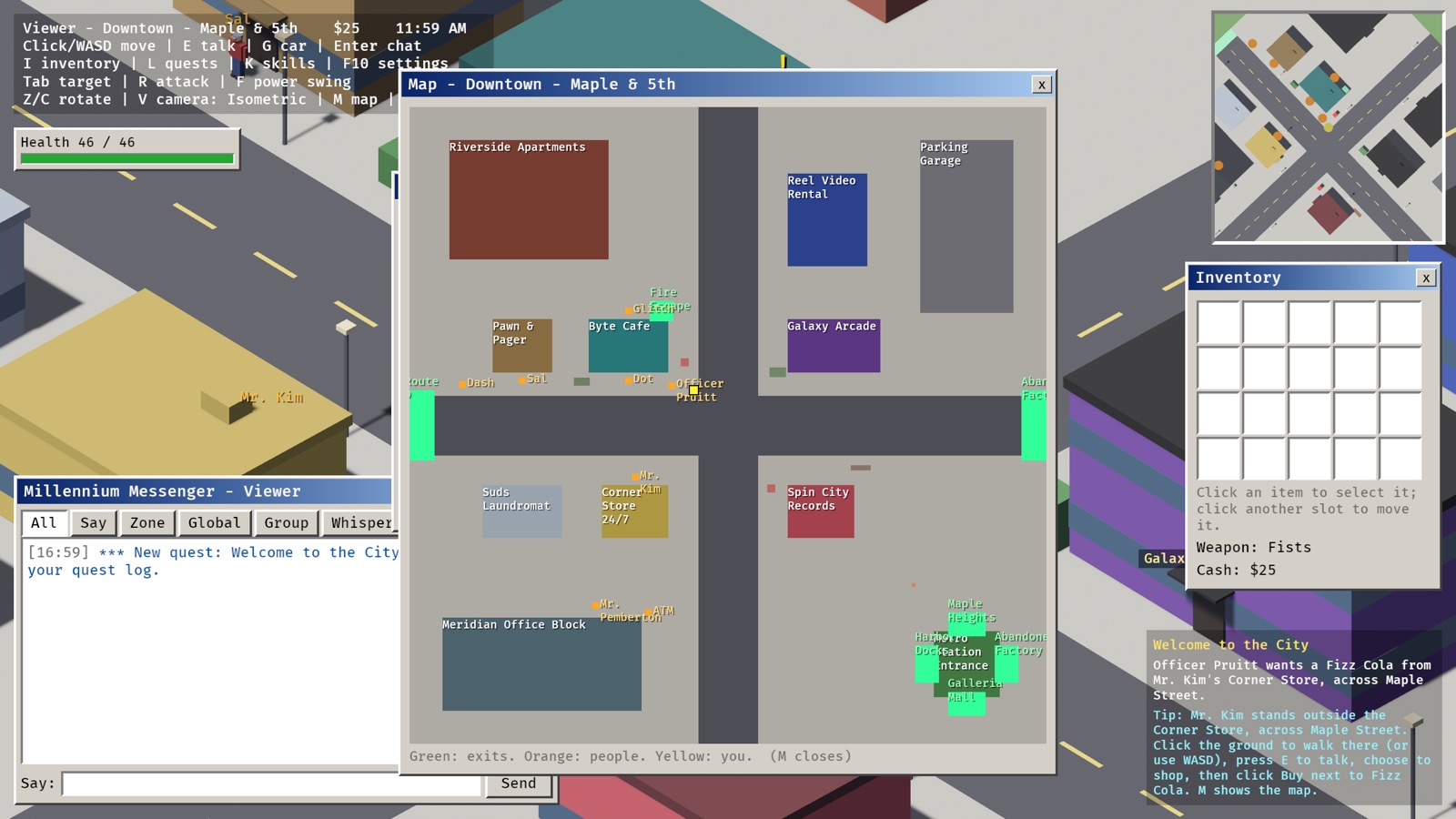 The map window over Downtown, and the quest tracker with a tip