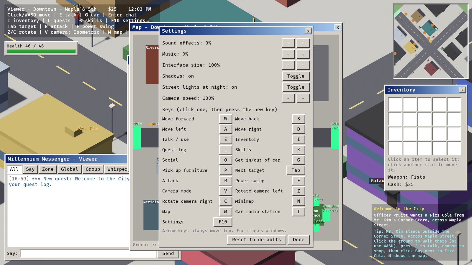 The settings window with volume, interface size and key bindings