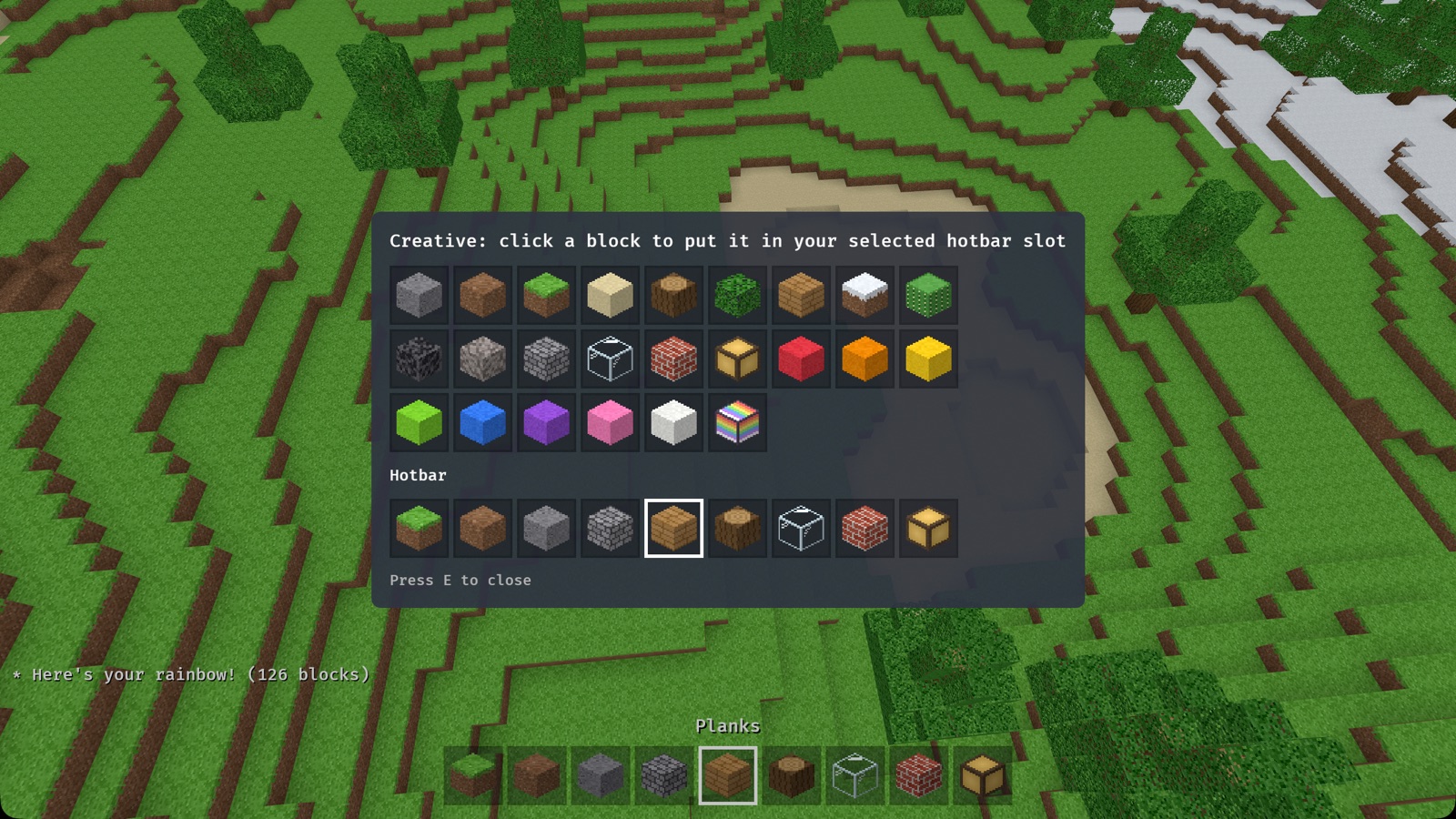 The block picker showing all blocks, including bright paint colours