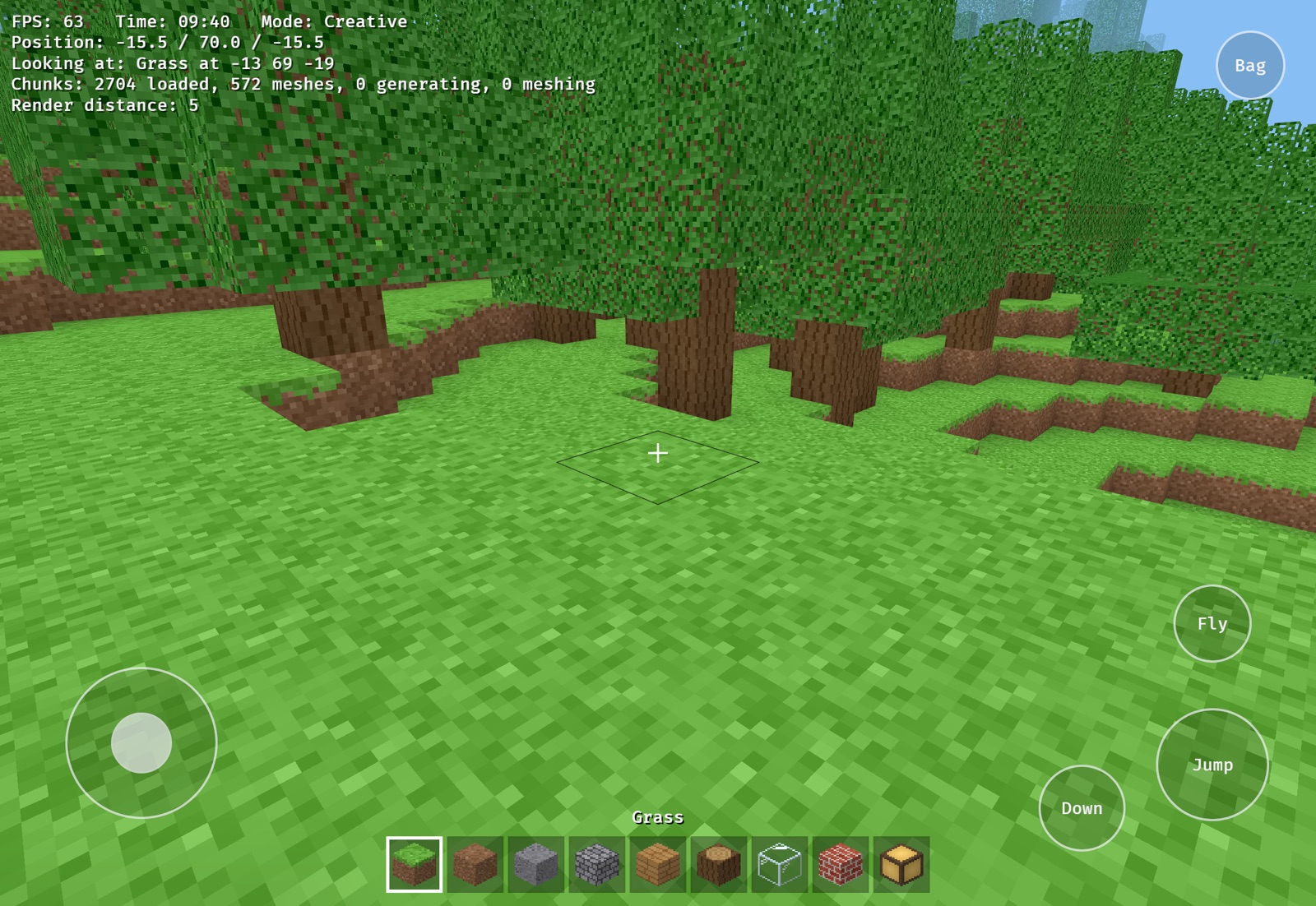 Ourcraft on an iPad with an on-screen joystick and buttons
