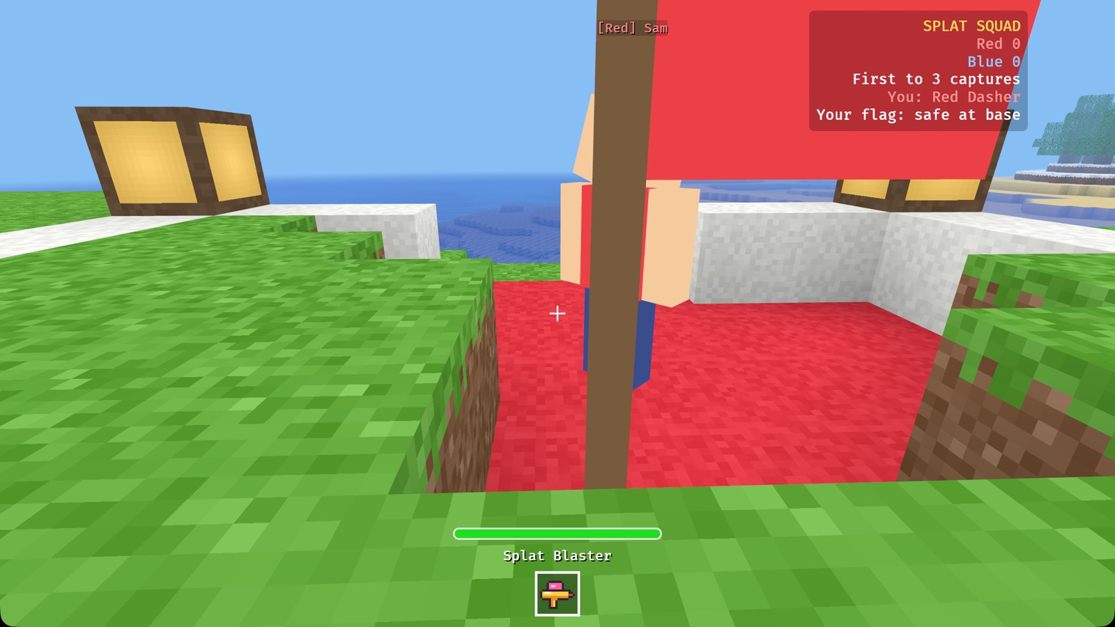 A player in red next to the red team's flag, with the Splat Squad scoreboard