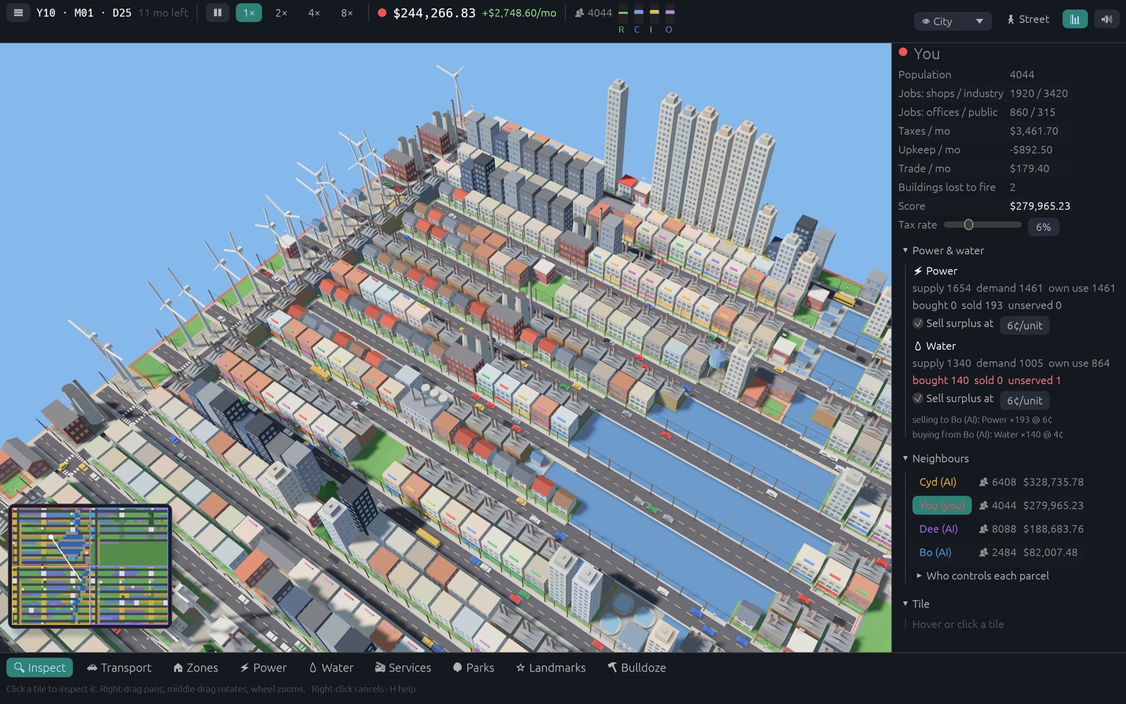 A dense city in year ten with apartment towers, terraces, factories and a river, and the in-game side panel