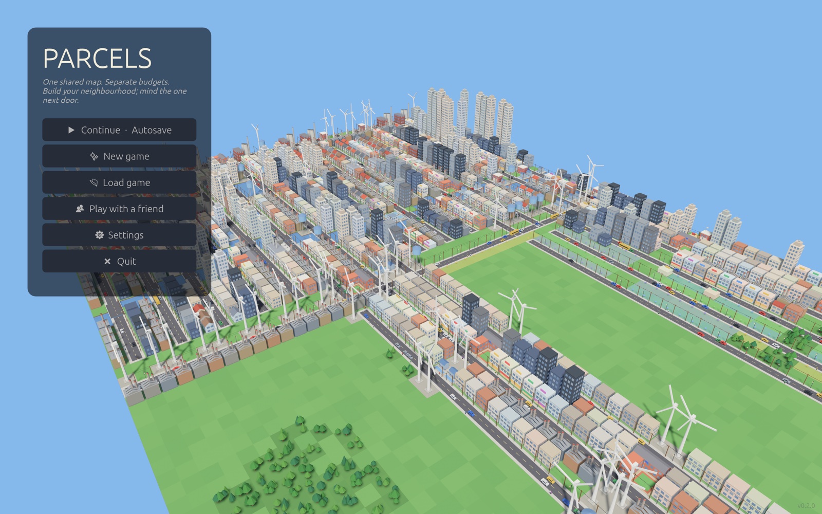 The Parcels title screen in front of a grown AI city with towers, wind turbines and streets