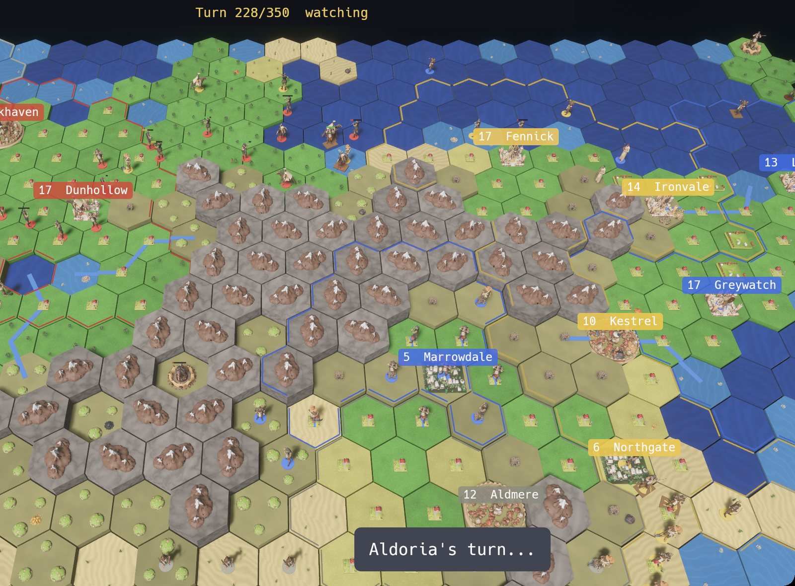 Late game: rival empires, city-states and armies around a mountain range